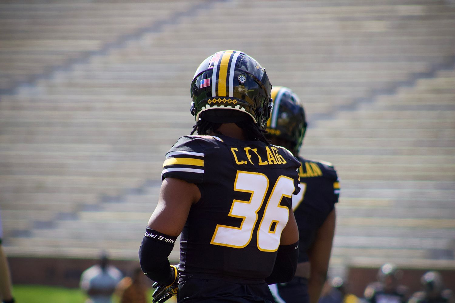 Mar 16, 2024; Columbia, MO, USA; Missouri Tigers safety Caleb Flagg faces the sideline prior to a play during Missouri's annual Black & Gold Spring Game at Faurot Field.